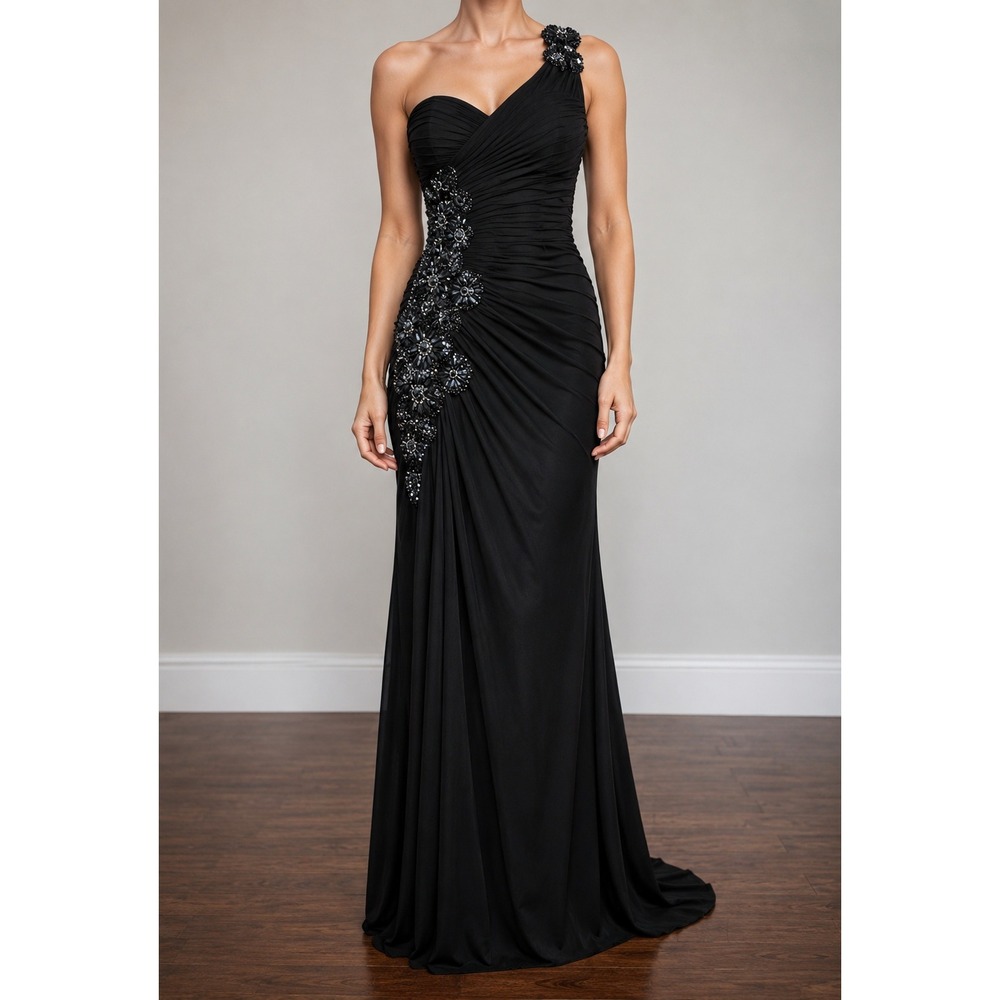 Cache One Shoulder Beaded Ruched Evening Gown 8 Black Formal Prom Dress Occasion